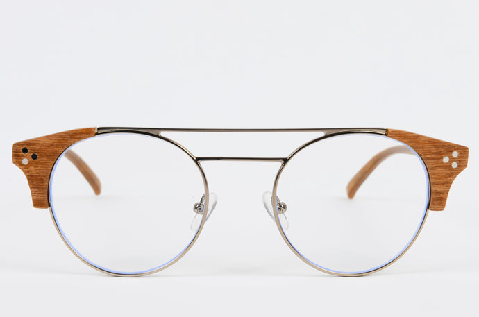Eco-Friendly wooden optical frame with round lenses and wooden corners and a double titanium bridge 