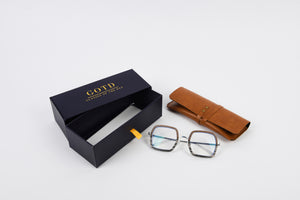 Prescription wooden glasses with box packaging and personalised leather case