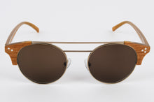 Load image into Gallery viewer, Eco-Friendly wooden sunglasses frame with round prescription lenses and wooden corners and a double titanium bridge 
