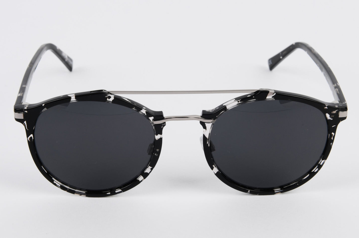 grey and black sunglasses with tortoise shell design and double bridge