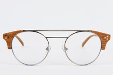 Load image into Gallery viewer, Eco-Friendly wooden optical frame with round lenses and wooden corners and a double titanium bridge 
