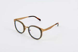 Stylish optical frame with gold corners and wooden front 