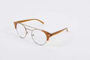 Eco-Friendly wooden optical frame with round lenses and wooden corners and a double titanium bridge 