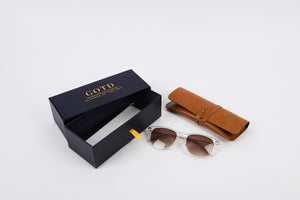 Sunglasses frame with box packaging and leather personalised glasses case 