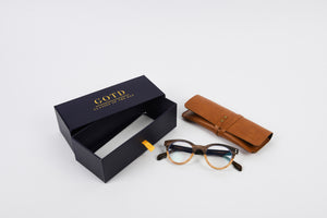 Prescription wooden glasses with box packaging and personalised leather case